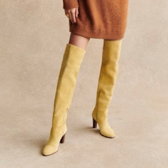 Sezane Anaelle Thigh High Suede Leather Over The Knee Pointy Boots Lemon Yellow - Picture 5 of 14